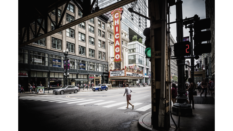 View of N State street with the sign of the Chicago Theatre