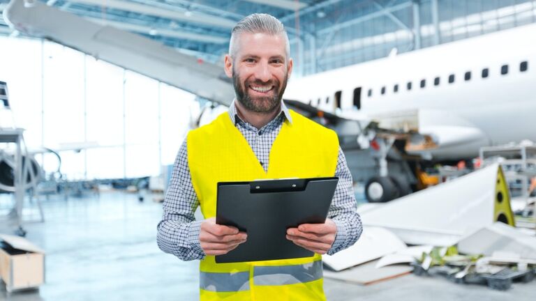 Aircraft inspector in a hangar