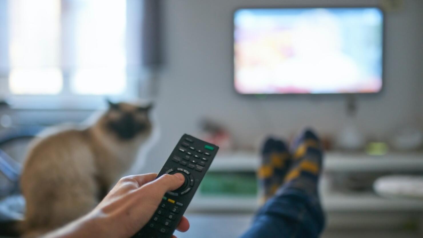 Hand of man pointing remote control at working television screen