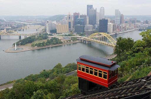 A cable car on the Duquesne Incline, a f