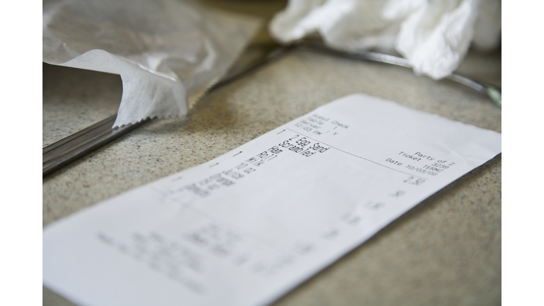 Detail of a cafe receipt on a counter