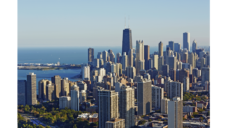 Aerial cityscape of Chicago and Lake Michigan