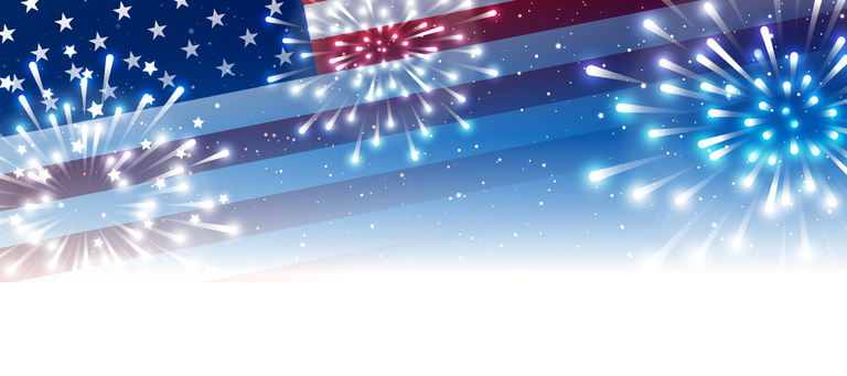 Independence day horizontal panoramic banner with American flag and fireworks on night starry sky background