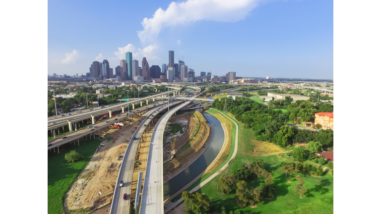 Downtown and interstate I45 highway flyover aerial