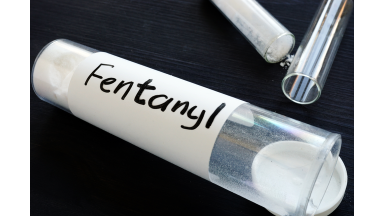 Fentanyl written on a bottle with label.