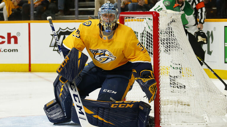 Former Nashville Predators goalie Pekka Rinne speaks during a