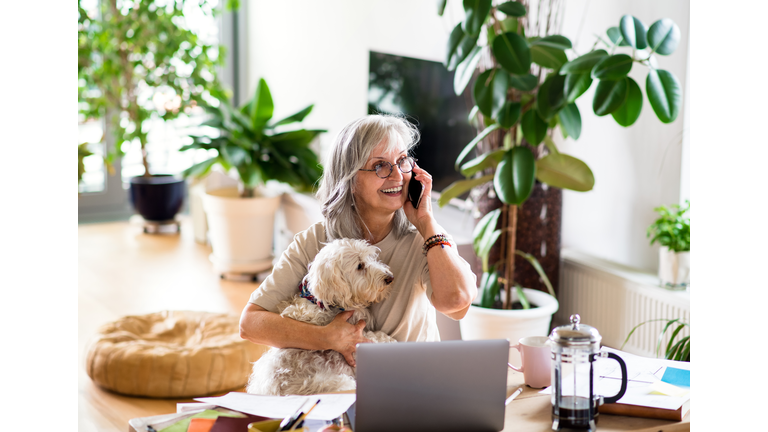 Active senior architect with pet dog at the table in home office, using smartphone.
