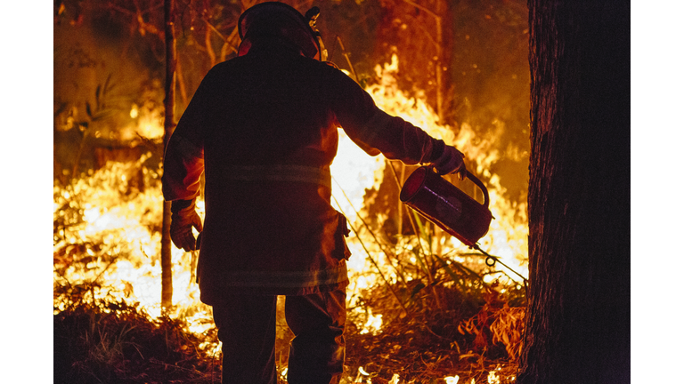 A firefighter conducting a controlled burn with a drip torch