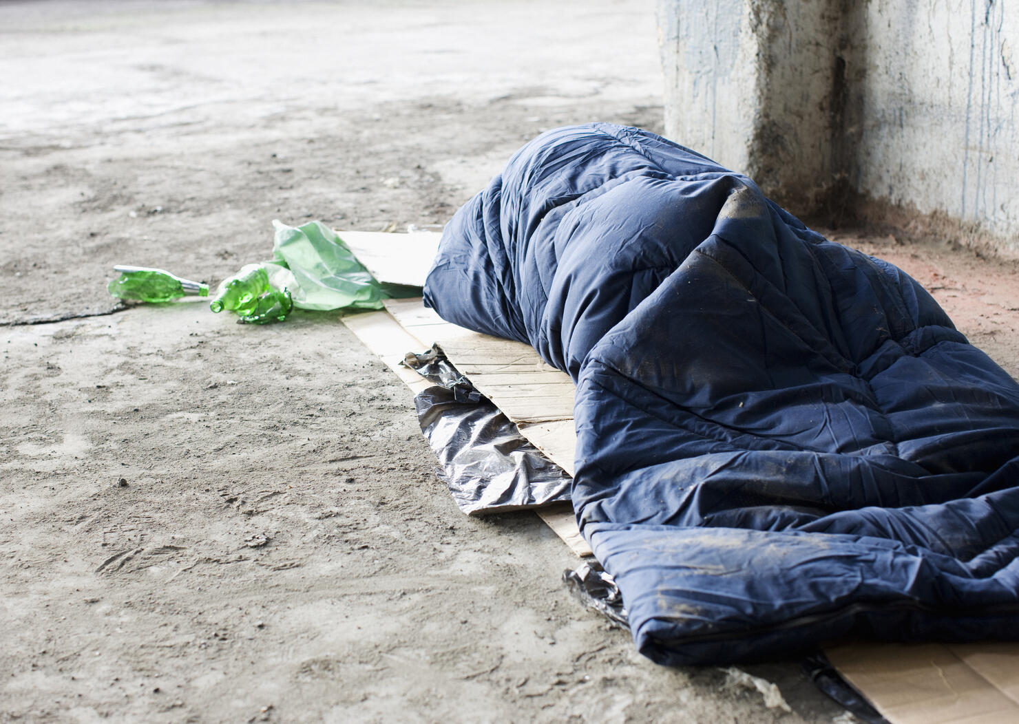 Homeless man sleeping in sleeping bag on cardboard