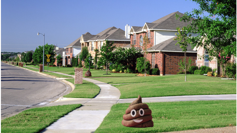 Smiling poop emoji on a front lawn. 