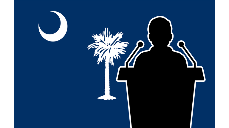 South Carolina USA Flag Background Man Speaks. Business Man Presentation Conference Concept.