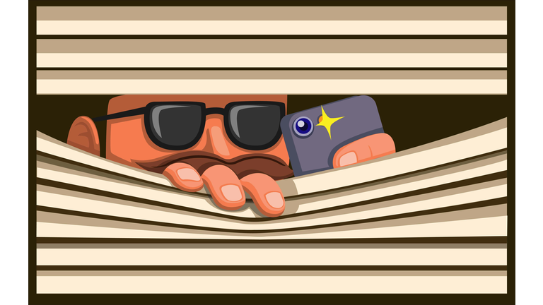 Man Wear Black Glasses Capture Photo with Smartphone behind Curtain, guy hiding and taking picture scene concept cartoon illustration vector