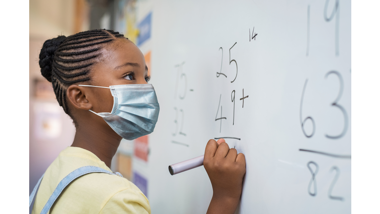 Elementary girl wearing protective face mask at school