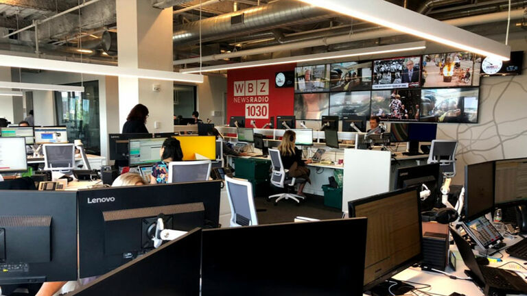 The WBZ NewsRadio news room at Cabot Road in Medford, MA