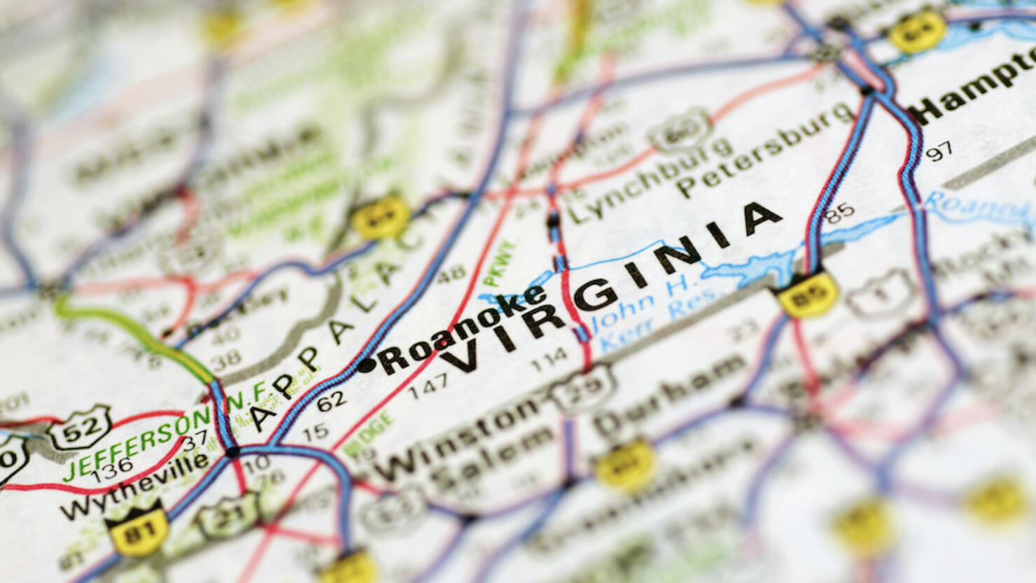 Close-up of the road map of Virginia