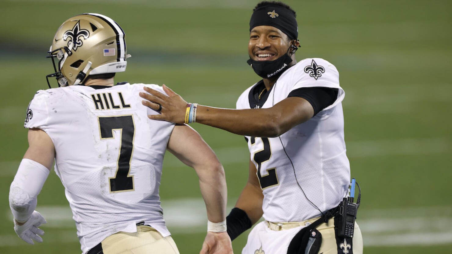 Quarterback Taysom Hill of the New Orleans Saints looks to pass