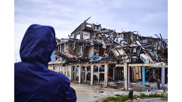 Damaged building part of hurricane Michael debris