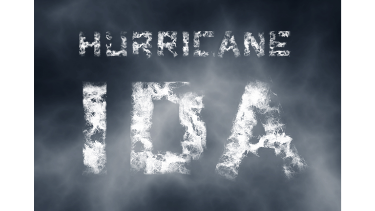 Hurricane Ida. Scary warning poster. Natural disaster illustration. Inscription of white cloudy letters on a background of a dark cloudy sky. 3d visualization