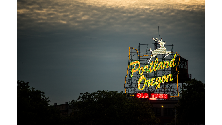 Portland Oregon stag sign dusk