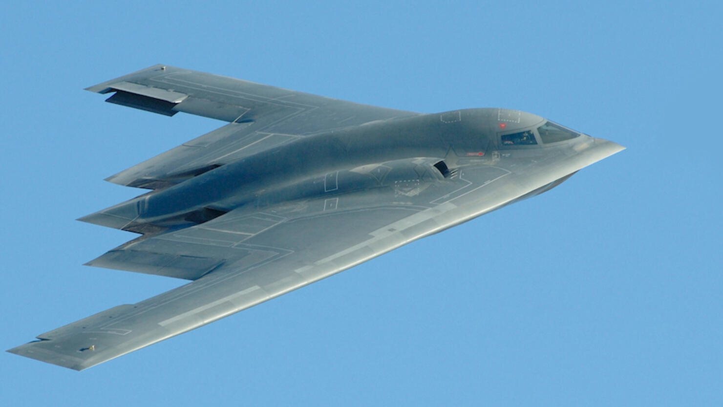 Close-up photo of a B-2 stealth bomber in flight