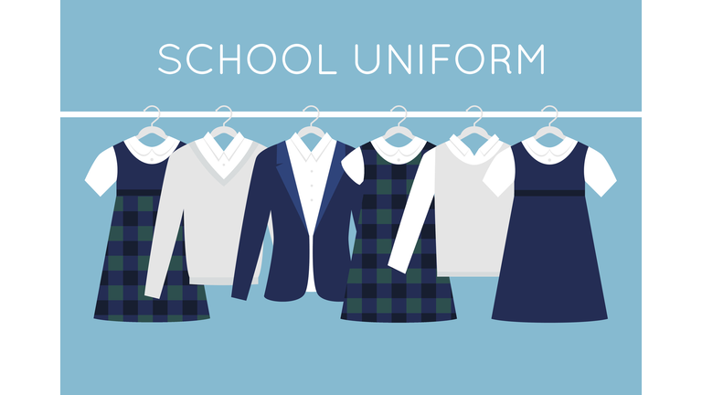 School or College Uniforms on Hangers in Line. Kids Clothes Vector Set