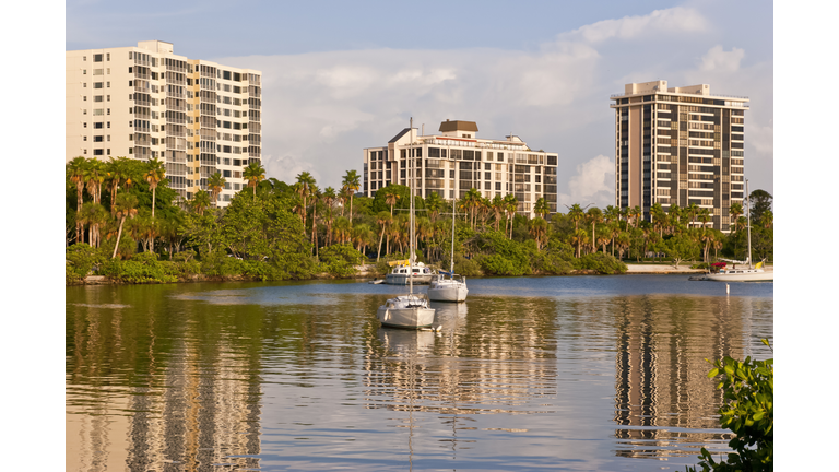 Waterfront Apartment Buildings at Sunset