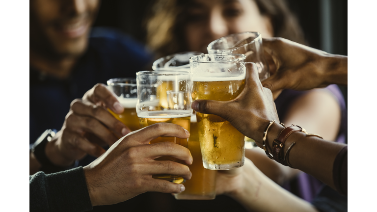 Group of friends toasting beer glasses at table in bar
