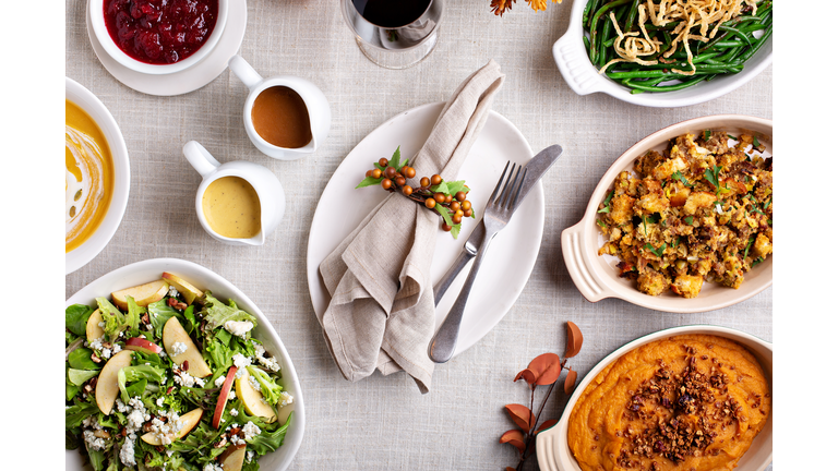 Thanksgiving dinner with whole turkey and sides