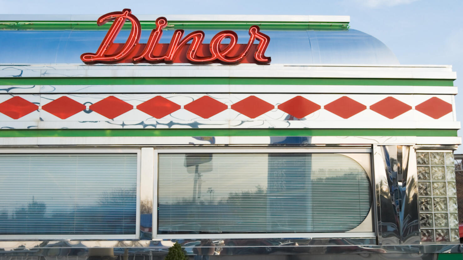 Diner Sign in Red Neon, Roadside Restaurant, Retro 1950's