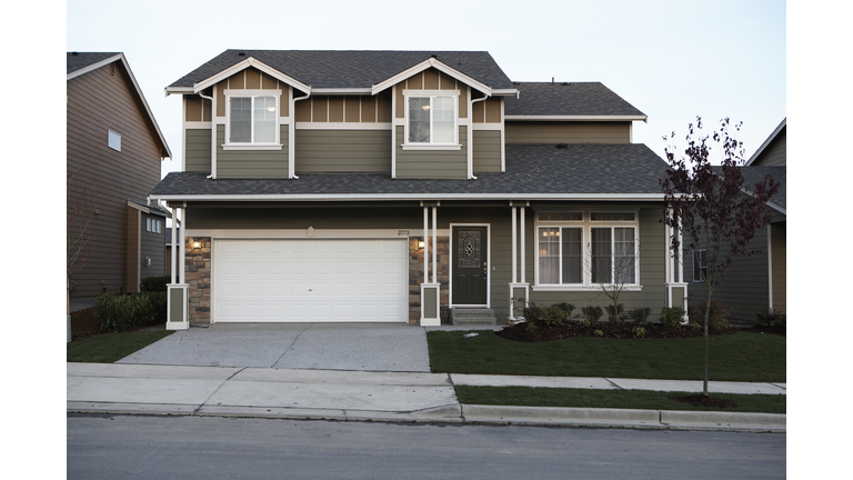 Exterior of house, sunset