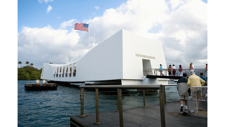 American flag fluttering on a memorial building, USS Arizona Memorial, Pearl Harbor, Honolulu, Oahu, Hawaii Islands, USA