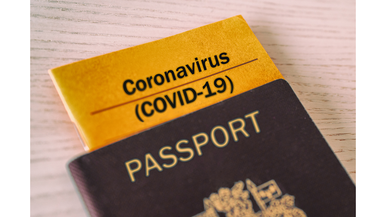 Coronavirus COVID-19 Vaccination proof booklet in passport. Travel ban health certificate Corona screening of travelers tourists. Closure of airports restricted traveling