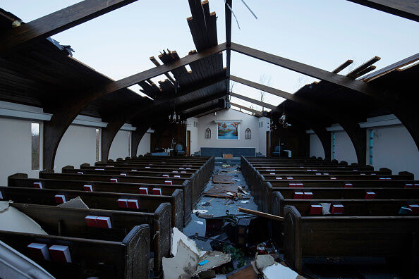 MAYFIELD, KY - DECEMBER 11: Interior view of tornado damage to Emmanuel Baptist Church on December 11, 2021 in Mayfield, Kentucky. Multiple tornadoes tore through parts of the lower Midwest late on Friday night, leaving a large path of destruction. (Photo by Brett Carlsen/Getty Images)