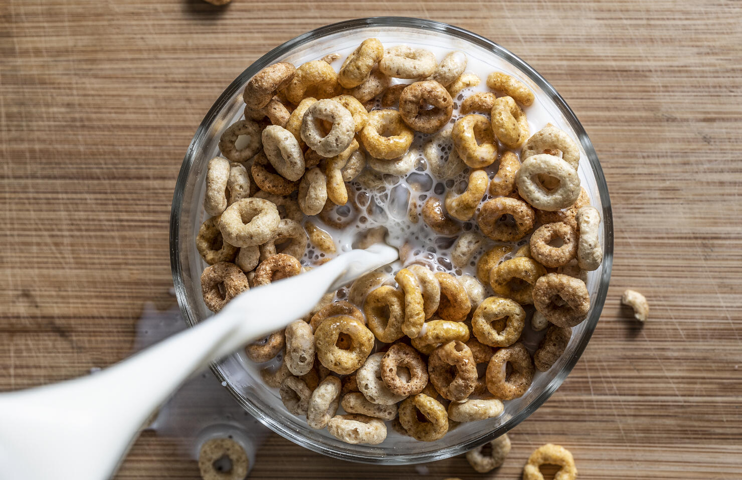 Directly Above Shot Of Milk Pouring In Breakfast Served On Table