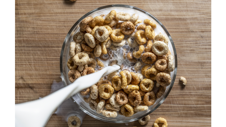 Directly Above Shot Of Milk Pouring In Breakfast Served On Table