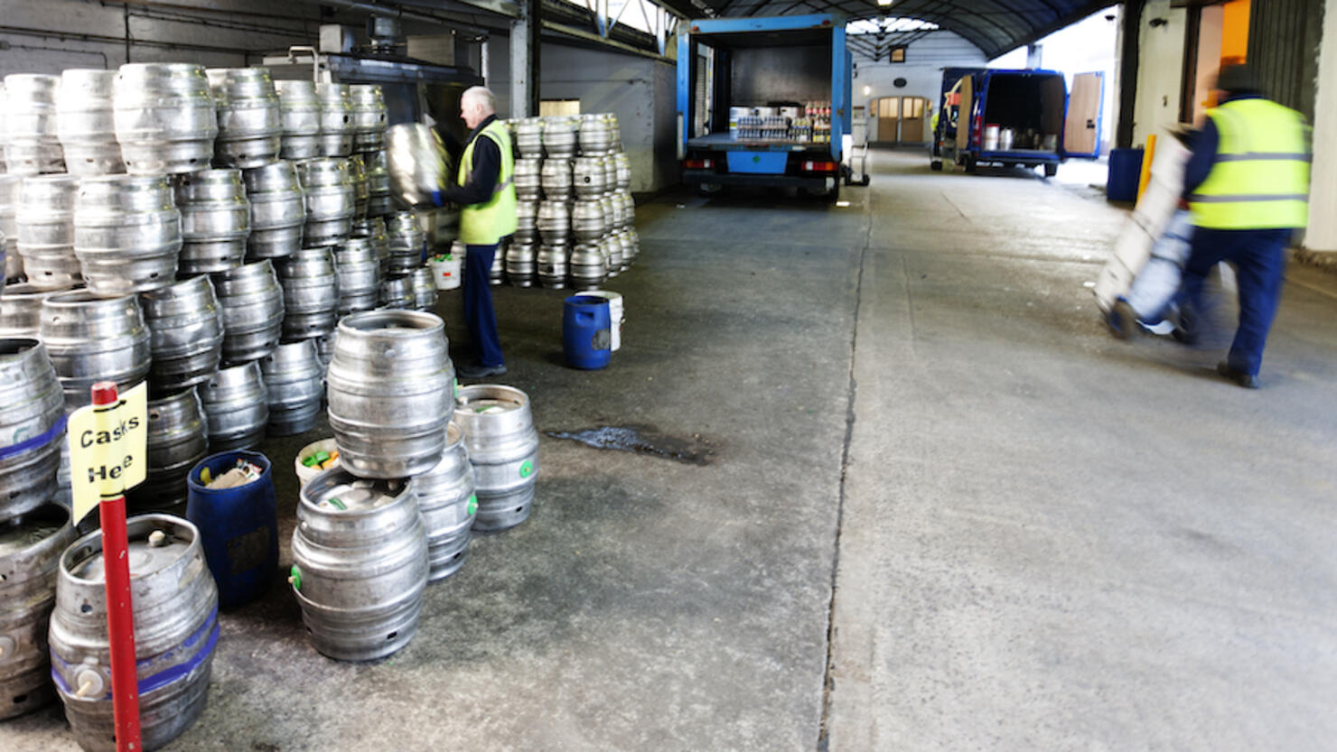 Beer kegs in a distribution warehouse