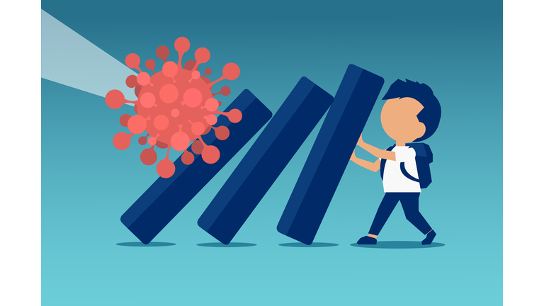 Vector of a boy trying to stop domino effect provoked by coronavirus pandemic