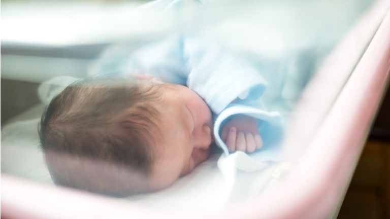 Newborn Baby Sleeping In Hospital Bassinet