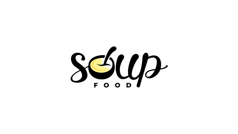 Soup, bowl with spoon, ramen soup, wordmark, lettering and typography, design. Food, meal, restaurant, catering and canteen, vector design and illustration