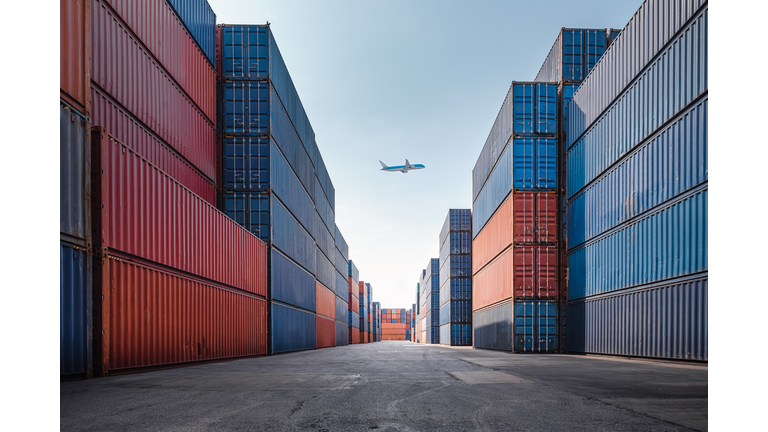 Container Cargo Port Ship Yard Storage Handling of Logistic Transportation Industry. Row of Stacking Containers of Freight Import/Export Distribution Warehouse. Shipping Logistics Transport Industrial