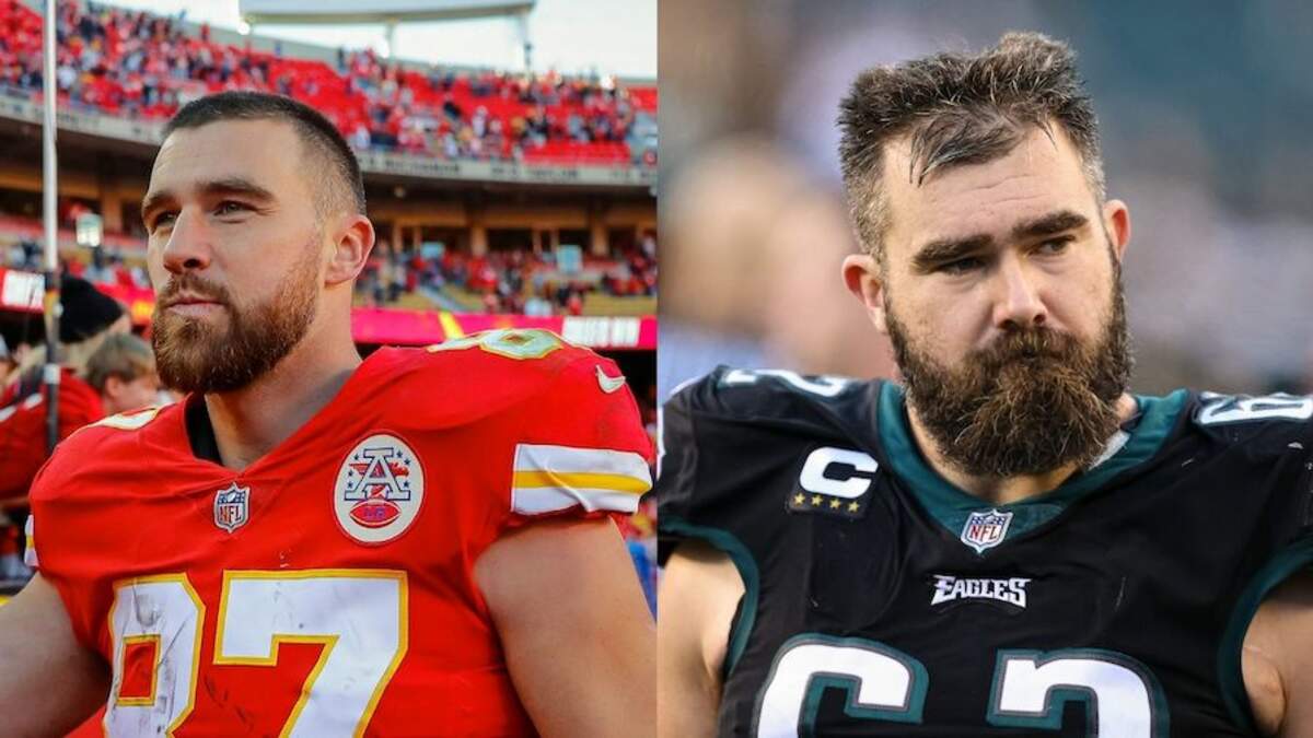 Kelce Brothers in a Super Bowl Travis Kelce Vs Jason Kelce shirt