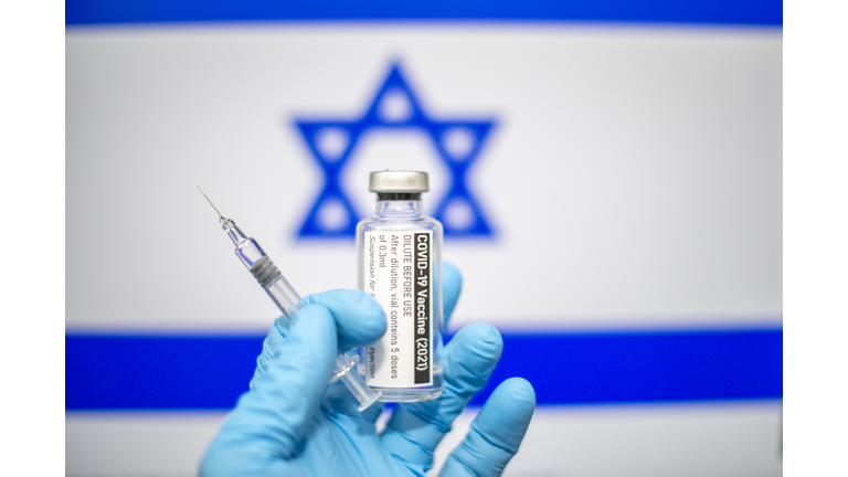 Covid-19 vaccine with syringe and Israeli flag image in the background, Coronavirus SARS-CoV-2, vaccination