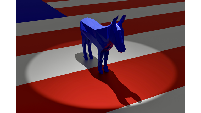 Democratic Blue Donkey in Spotlight on Top of American Flag