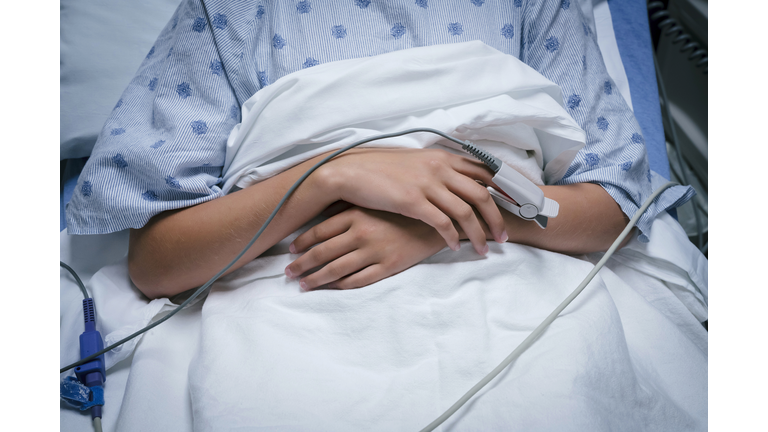 Monitor on finger of Caucasian girl in hospital