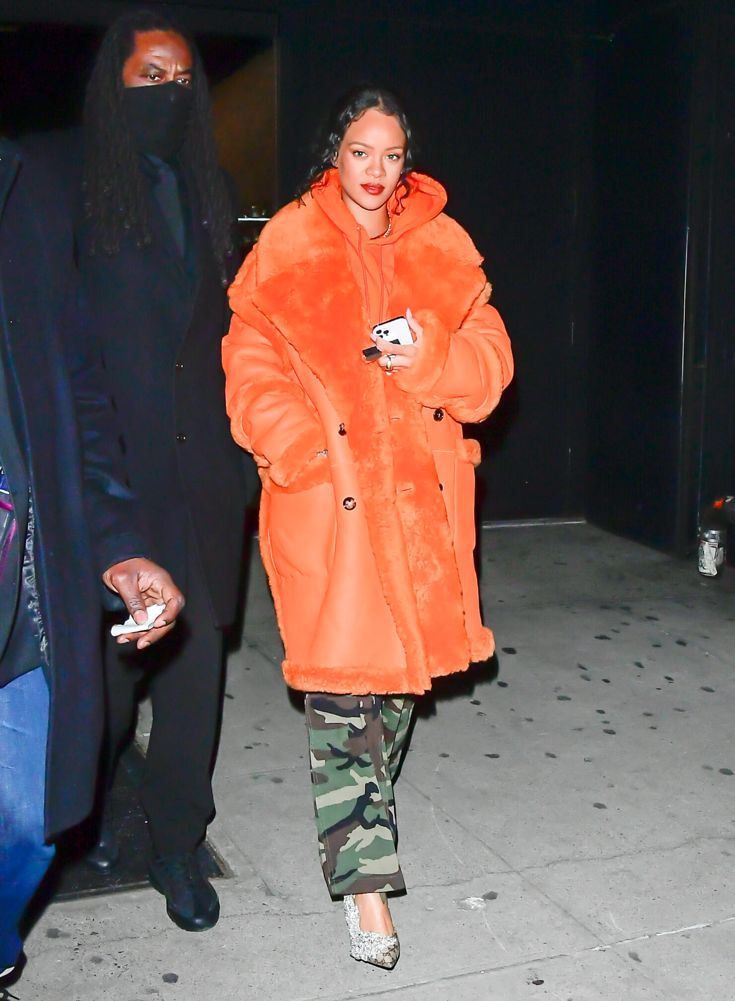 rihanna spotted leaving her hotel in NYC ♥️. she looked fabulous wearing: •  @mowalola fall/winter 2023 logo spray-effect bomber ja