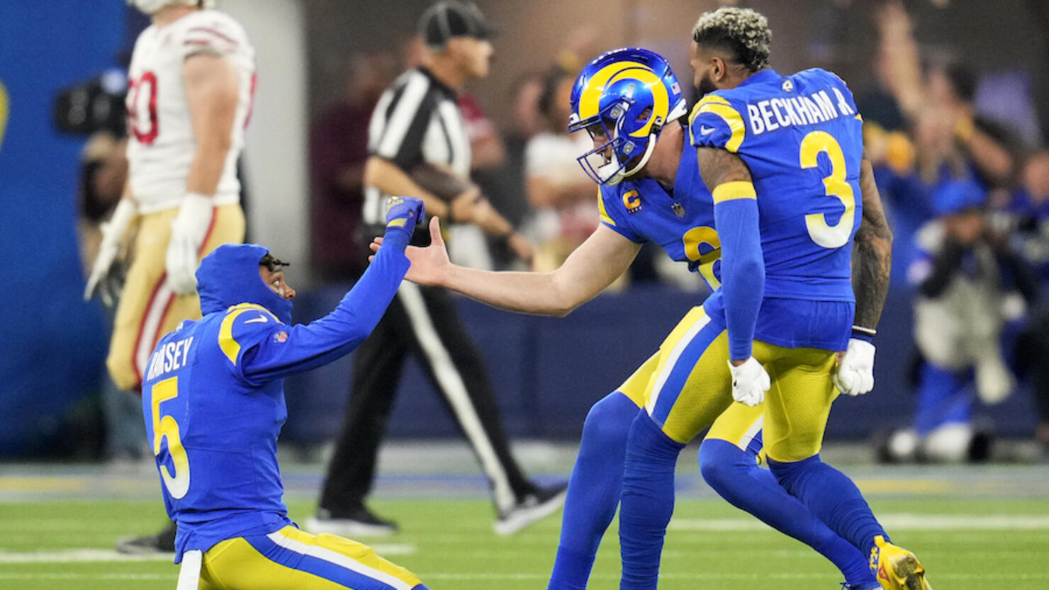 Los Angeles Rams defeat the San Francisco 49ers 20-17 during a NFC championship football game at SoFi Stadium.