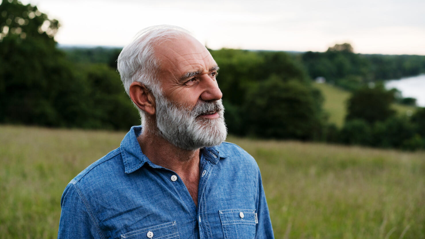 Man looking off camera in meadow