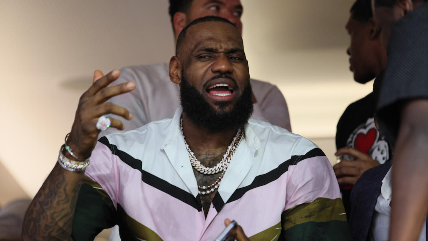 LeBron James dances during 50 Cent's Super Bowl halftime performance