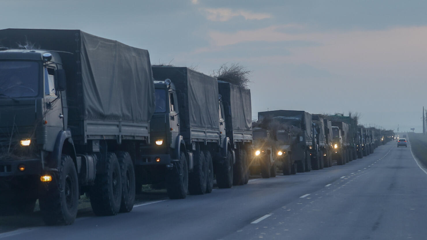 A convoy of Russian military vehicles moving towards border in Donbas region