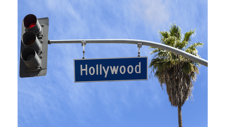 USA, California, Los Angeles, Hollywood, Sign and traffic light